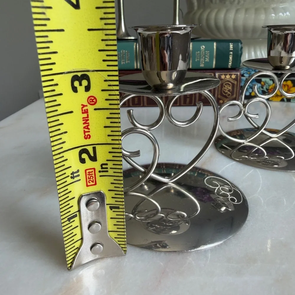 Vintage Silver Heart Taper Candle Holders Set of 2 Romantic‎ Wedding Decor 3.25